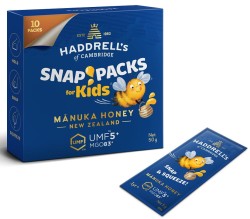 MIÓD MANUKA KIDS MGO 83+ UMF 5+ 10 SASZETEK - HADDRELL'S OF CAMBRIDGE